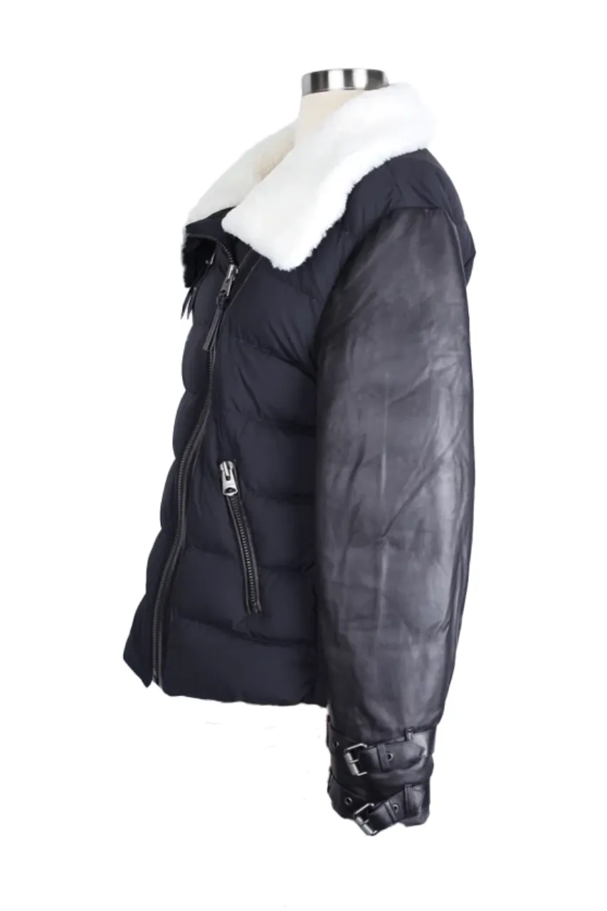 Leather Sleeve Shearling Collar Down Puffer Jacket