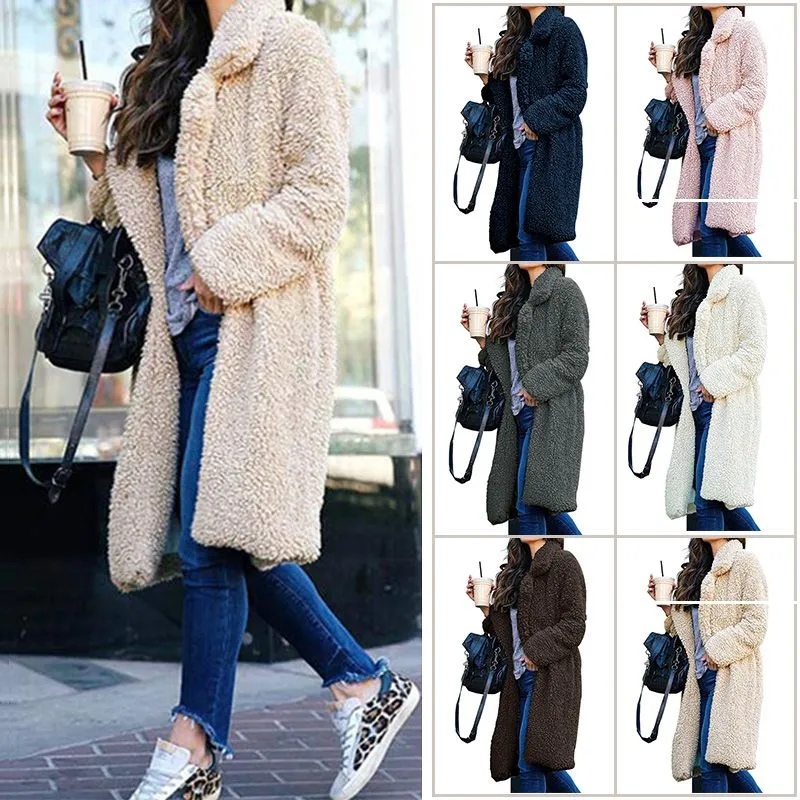 Long Winter Jacket Women Plush Coat Long Sleeve Lapel Pullover Lamb Velvet Sweater Overcoat Winter