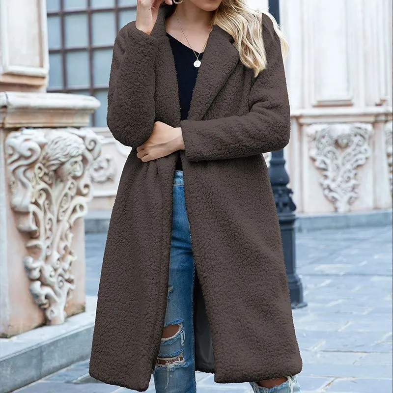 Long Winter Jacket Women Plush Coat Long Sleeve Lapel Pullover Lamb Velvet Sweater Overcoat Winter