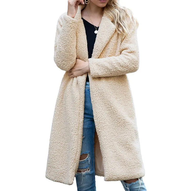 Long Winter Jacket Women Plush Coat Long Sleeve Lapel Pullover Lamb Velvet Sweater Overcoat Winter