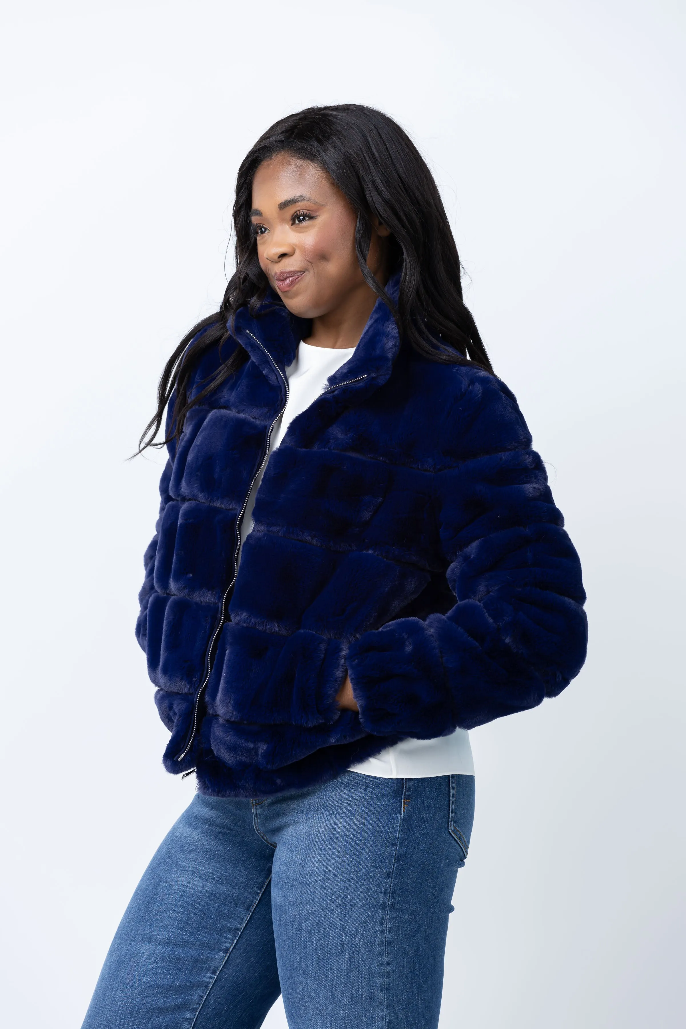 Love Token Alex Faux Fur Jacket in Indigo