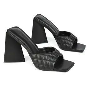 Maylin Quilted Square Toe Sculptured Flared High Heel in Black Synthetic Leather