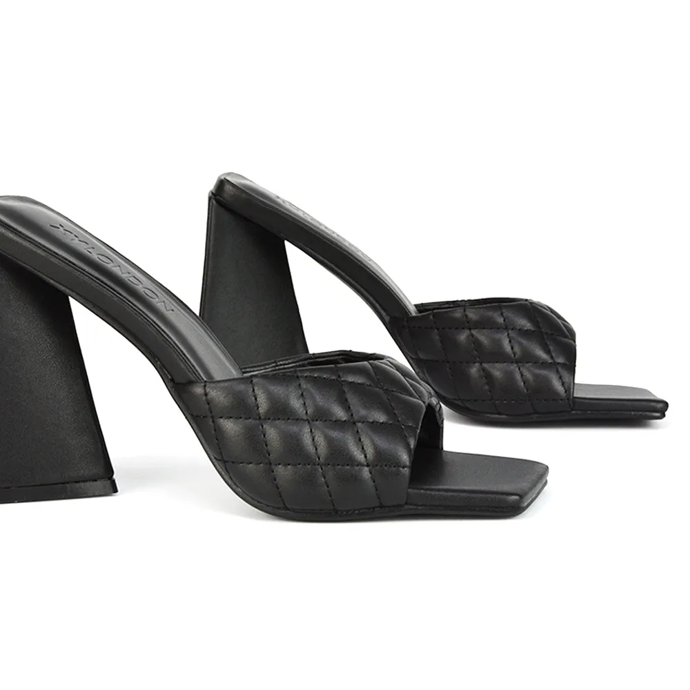 Maylin Quilted Square Toe Sculptured Flared High Heel in Black Synthetic Leather