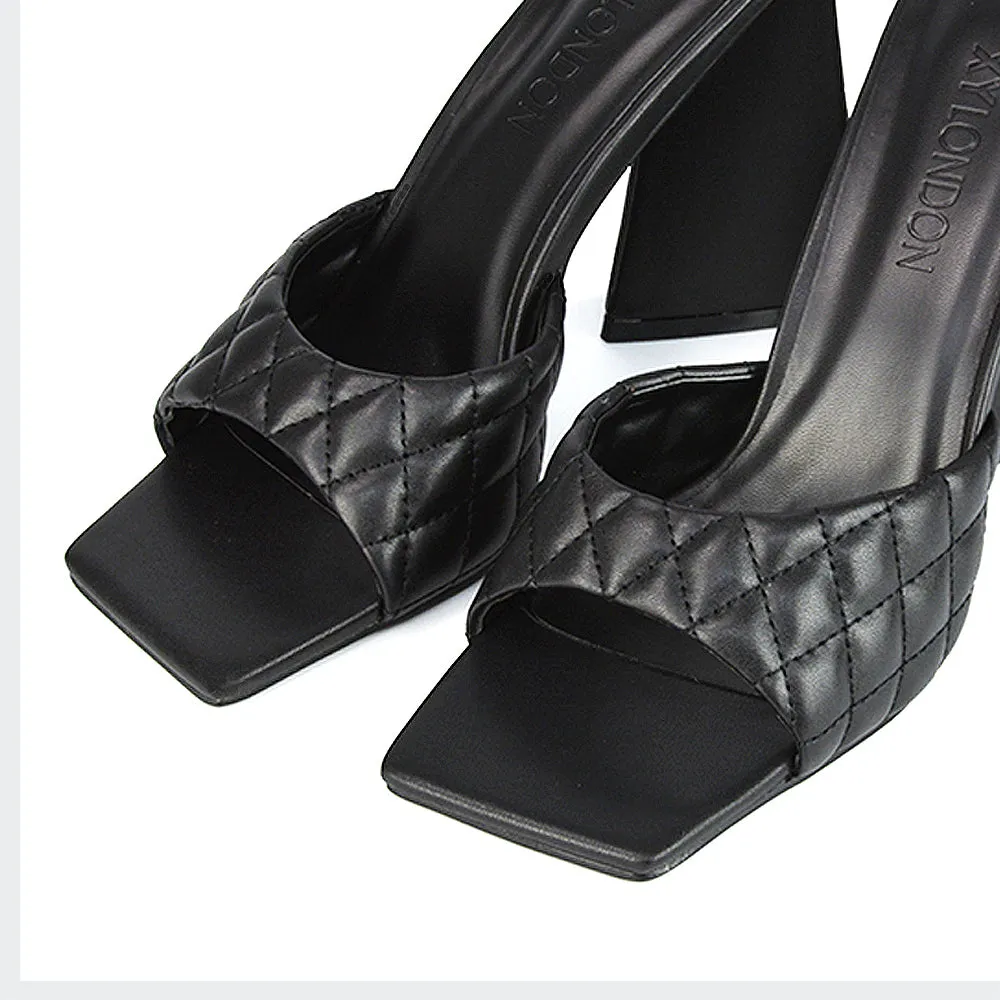 Maylin Quilted Square Toe Sculptured Flared High Heel in Black Synthetic Leather