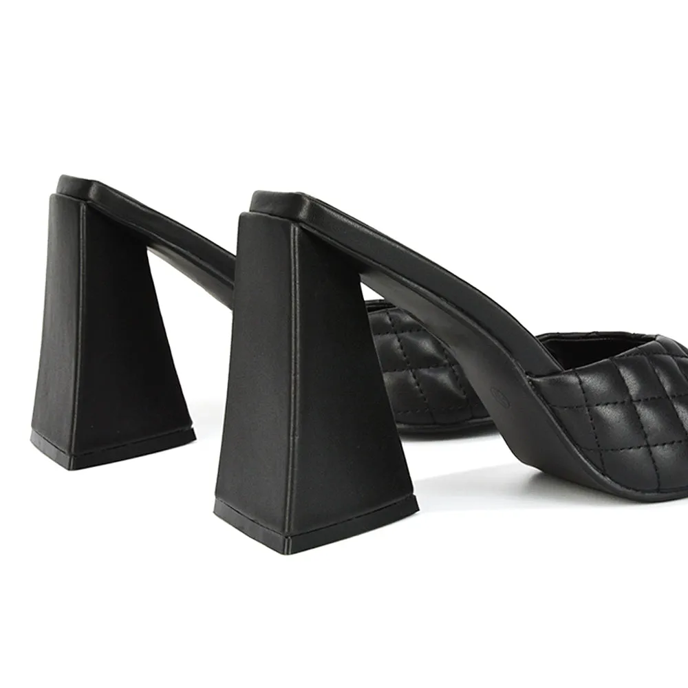 Maylin Quilted Square Toe Sculptured Flared High Heel in Black Synthetic Leather