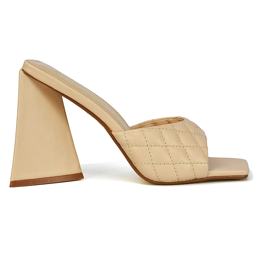 Maylin Quilted Square Toe Sculptured Flared High Heel in Nude Synthetic Leather