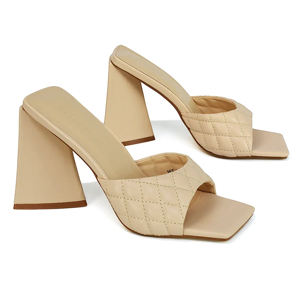 Maylin Quilted Square Toe Sculptured Flared High Heel in Nude Synthetic Leather