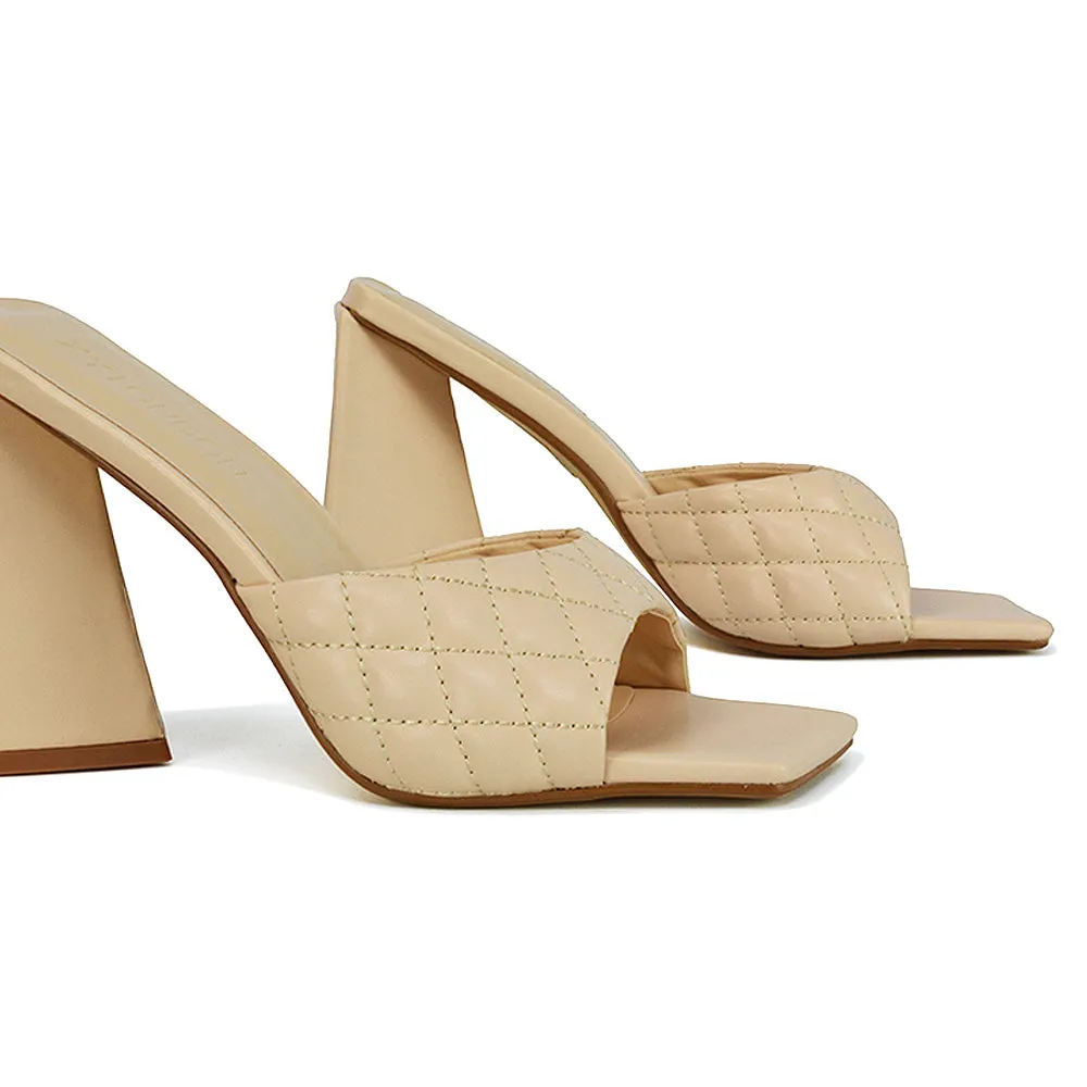 Maylin Quilted Square Toe Sculptured Flared High Heel in Nude Synthetic Leather