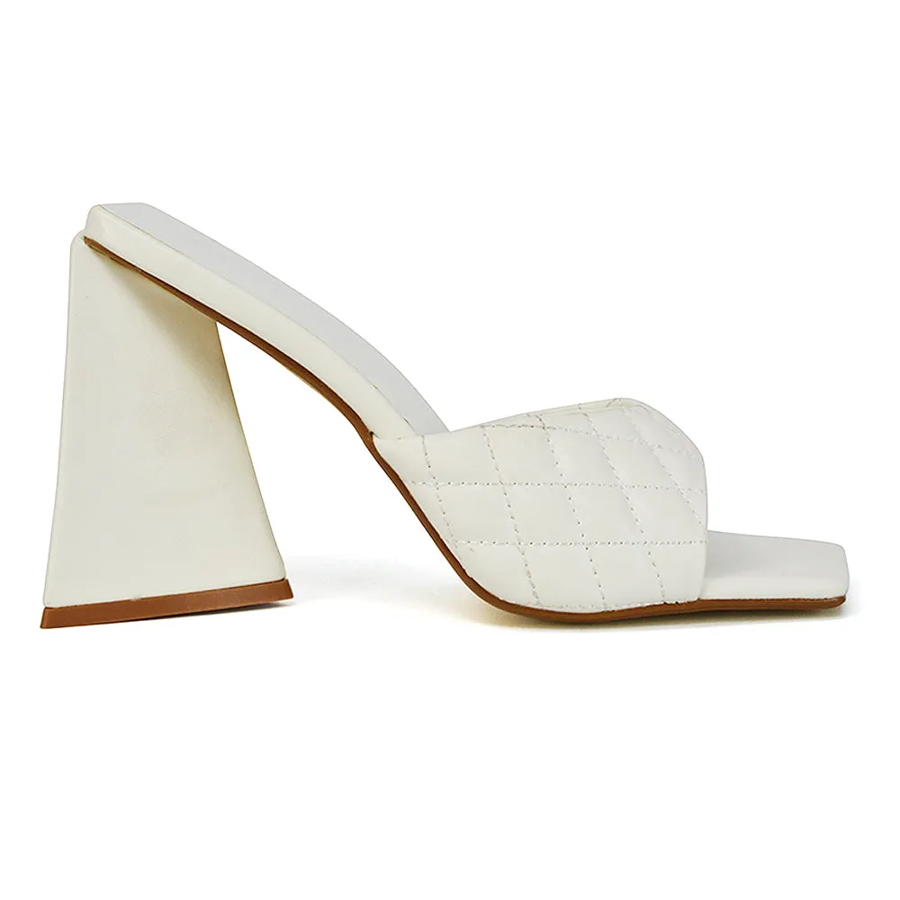 Maylin Quilted Square Toe Sculptured Flared High Heel in White Synthetic Leather