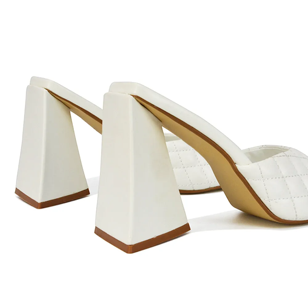 Maylin Quilted Square Toe Sculptured Flared High Heel in White Synthetic Leather