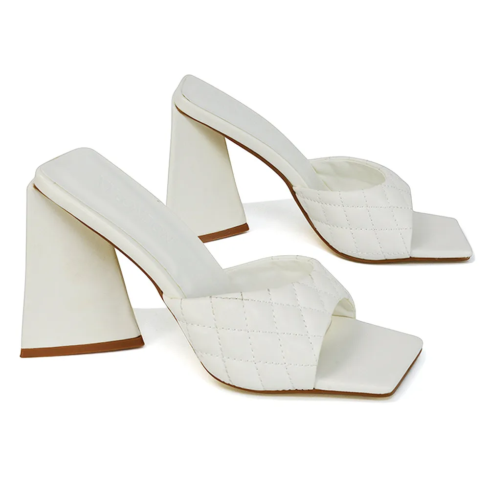 Maylin Quilted Square Toe Sculptured Flared High Heel in White Synthetic Leather