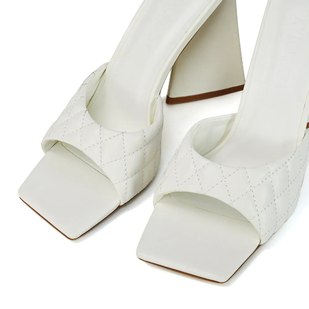 Maylin Quilted Square Toe Sculptured Flared High Heel in White Synthetic Leather