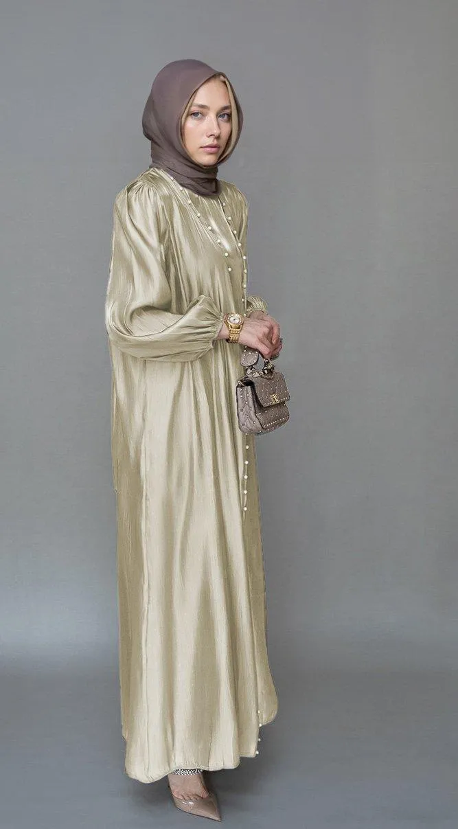 Mayrose organza like faux pearl abaya with slip dress and detachable belt ramadan eid set in beige