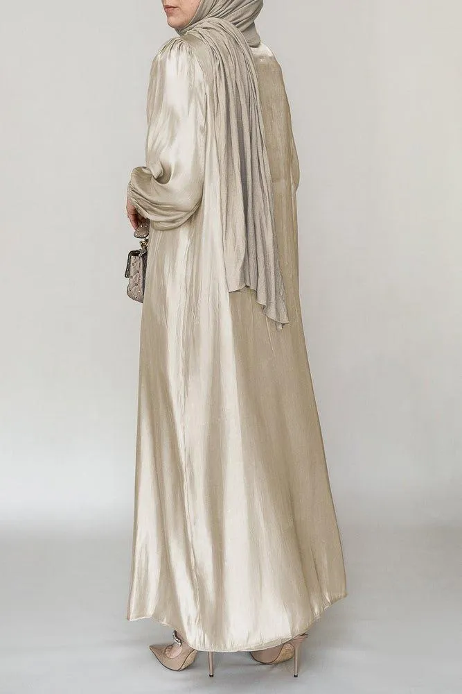 Mayrose organza like faux pearl abaya with slip dress and detachable belt ramadan eid set in beige