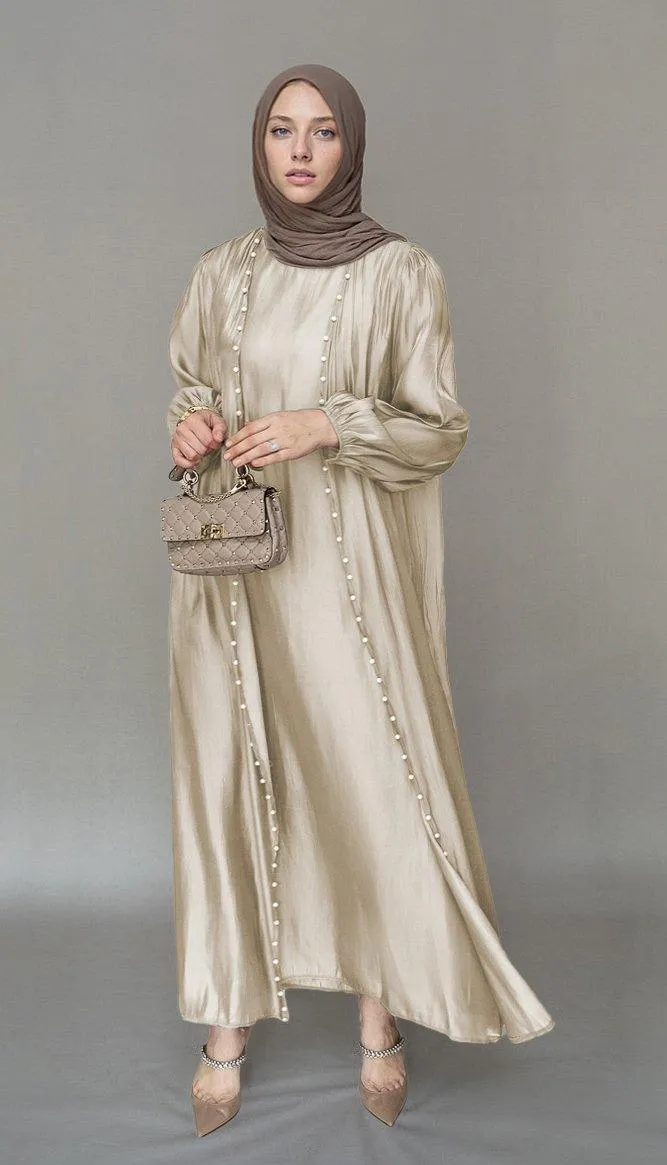 Mayrose organza like faux pearl abaya with slip dress and detachable belt ramadan eid set in beige