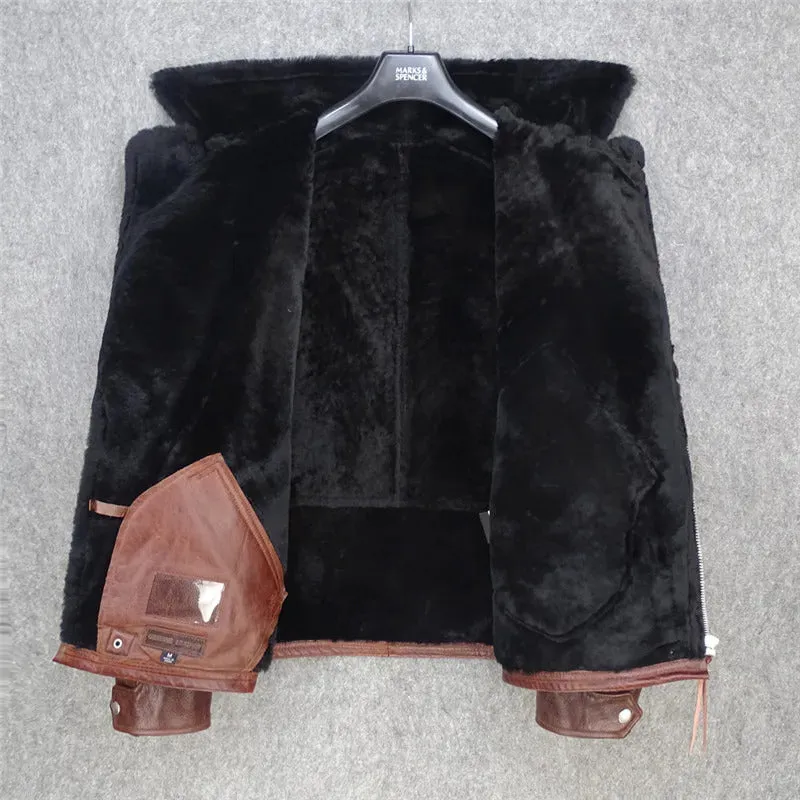 Men's Genuine Cow Leather Jacket with Shearling Faux Fur Lining