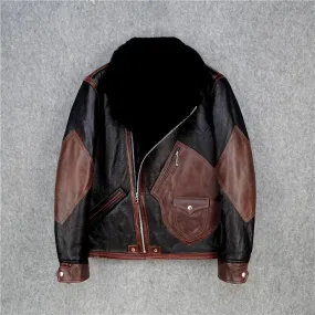 Men's Genuine Cow Leather Jacket with Shearling Faux Fur Lining