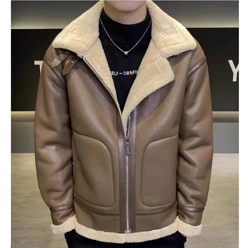 Men's Leather Plush Thickened Lamb Fleece Collar Casual Coat Jacket