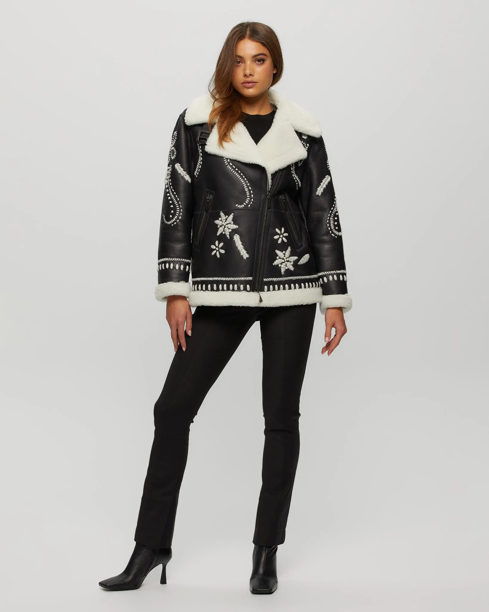 Merino Shearling Lamb Zip Jacket with Wool Embroidery