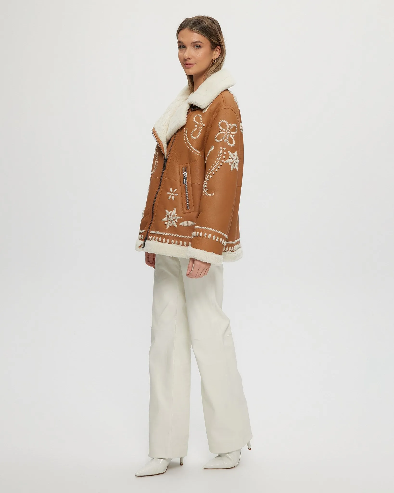 Merino Shearling Lamb Zip Jacket with Wool Embroidery