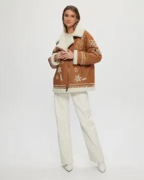 Merino Shearling Lamb Zip Jacket with Wool Embroidery