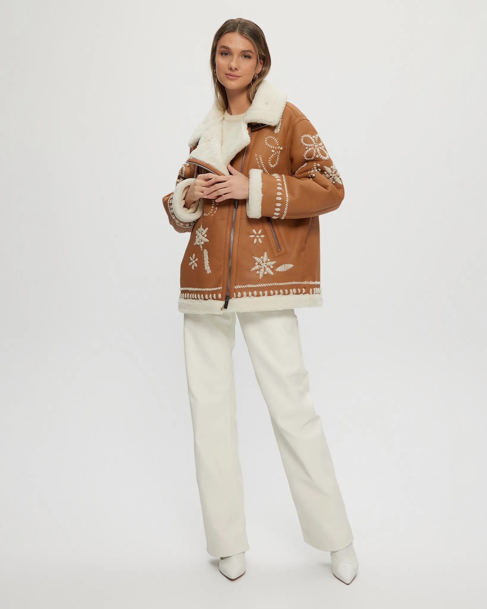 Merino Shearling Lamb Zip Jacket with Wool Embroidery