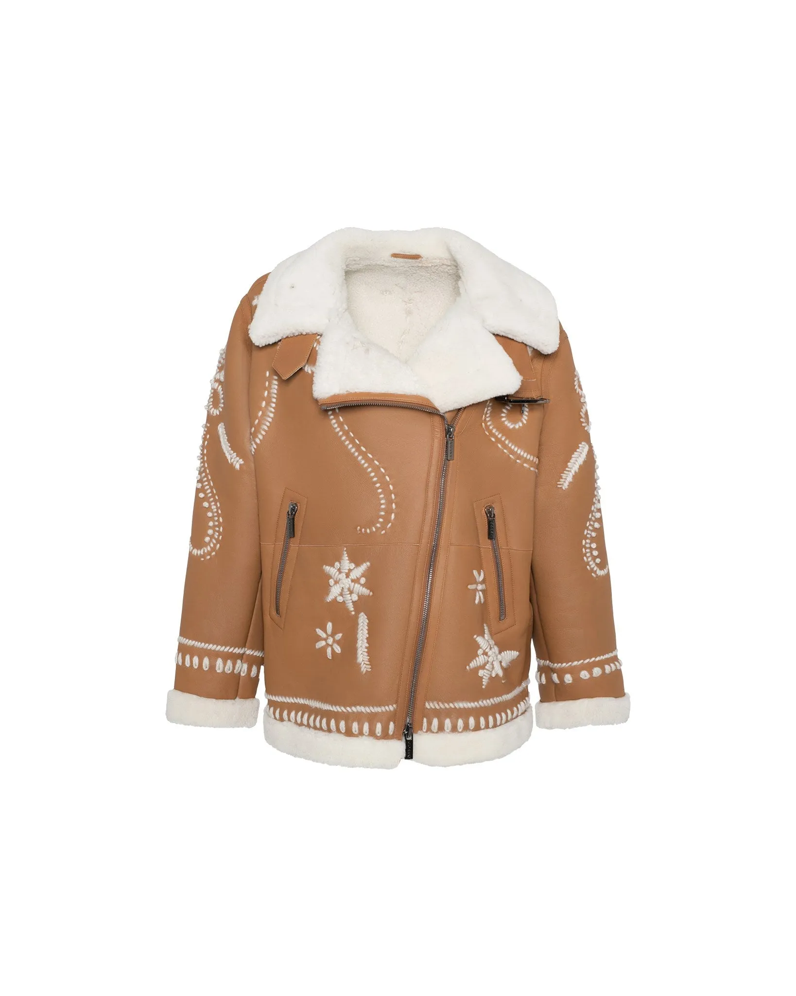 Merino Shearling Lamb Zip Jacket with Wool Embroidery