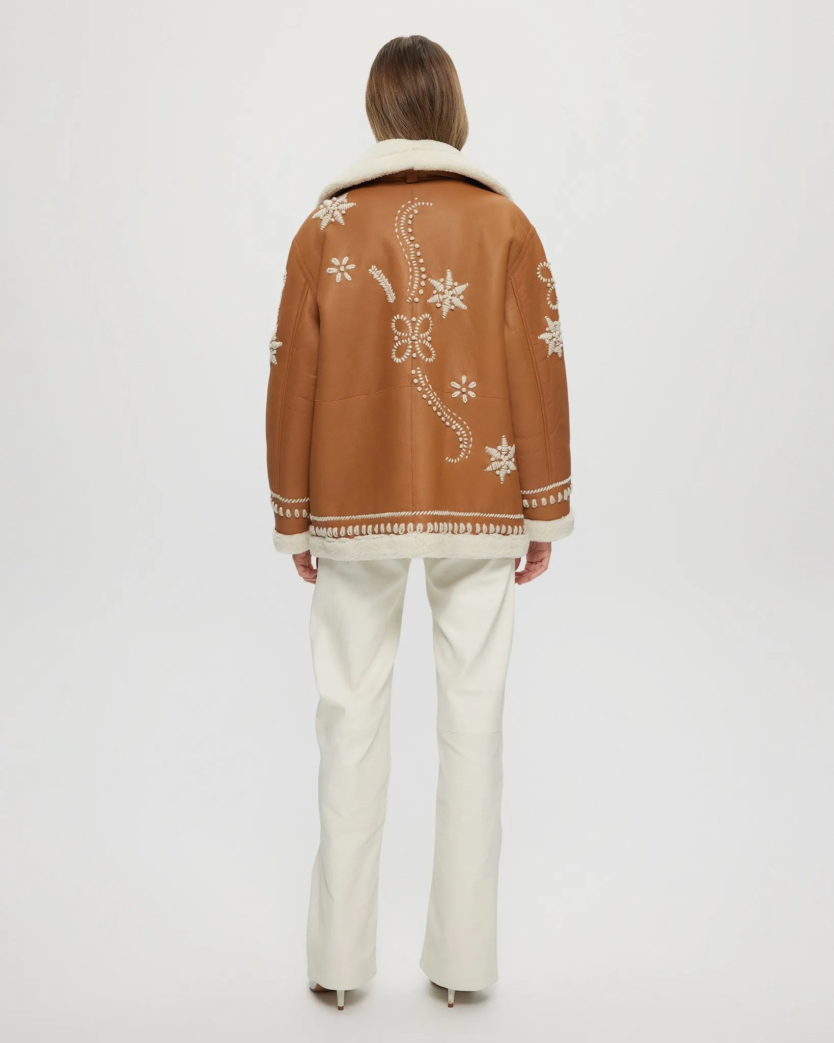 Merino Shearling Lamb Zip Jacket with Wool Embroidery