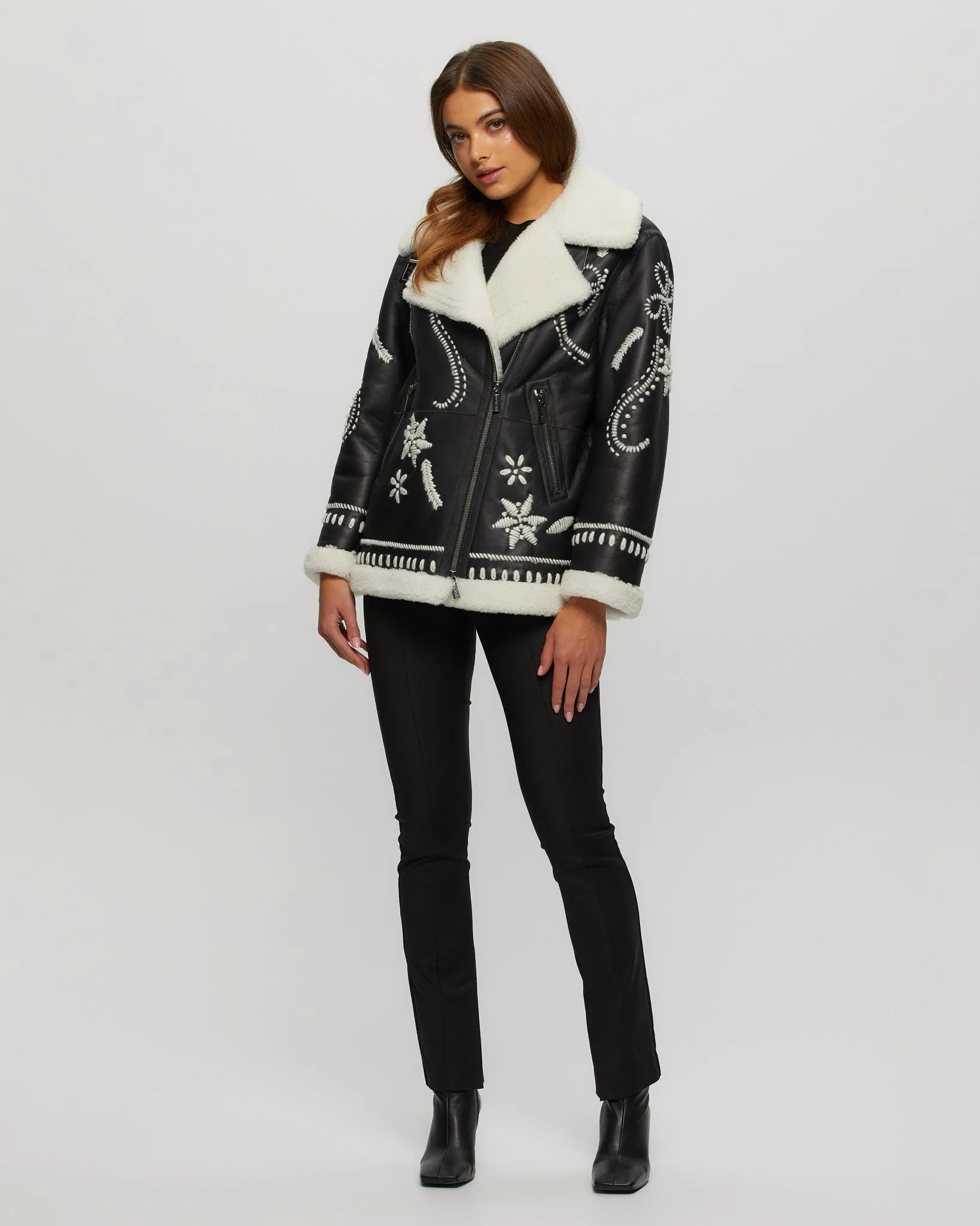 Merino Shearling Lamb Zip Jacket with Wool Embroidery