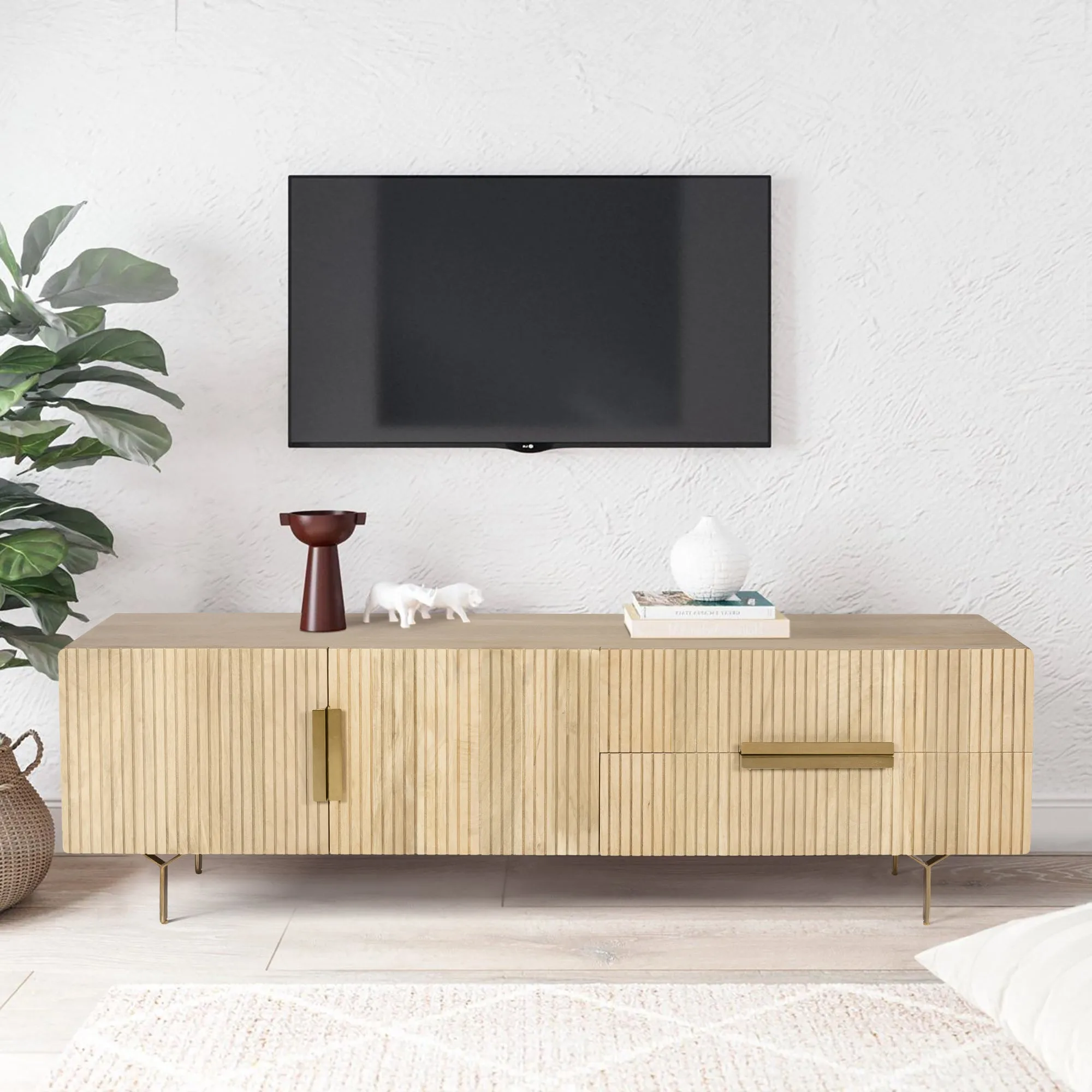 Natural Mango Wood TV Unit with Drawers & Doors - Knox