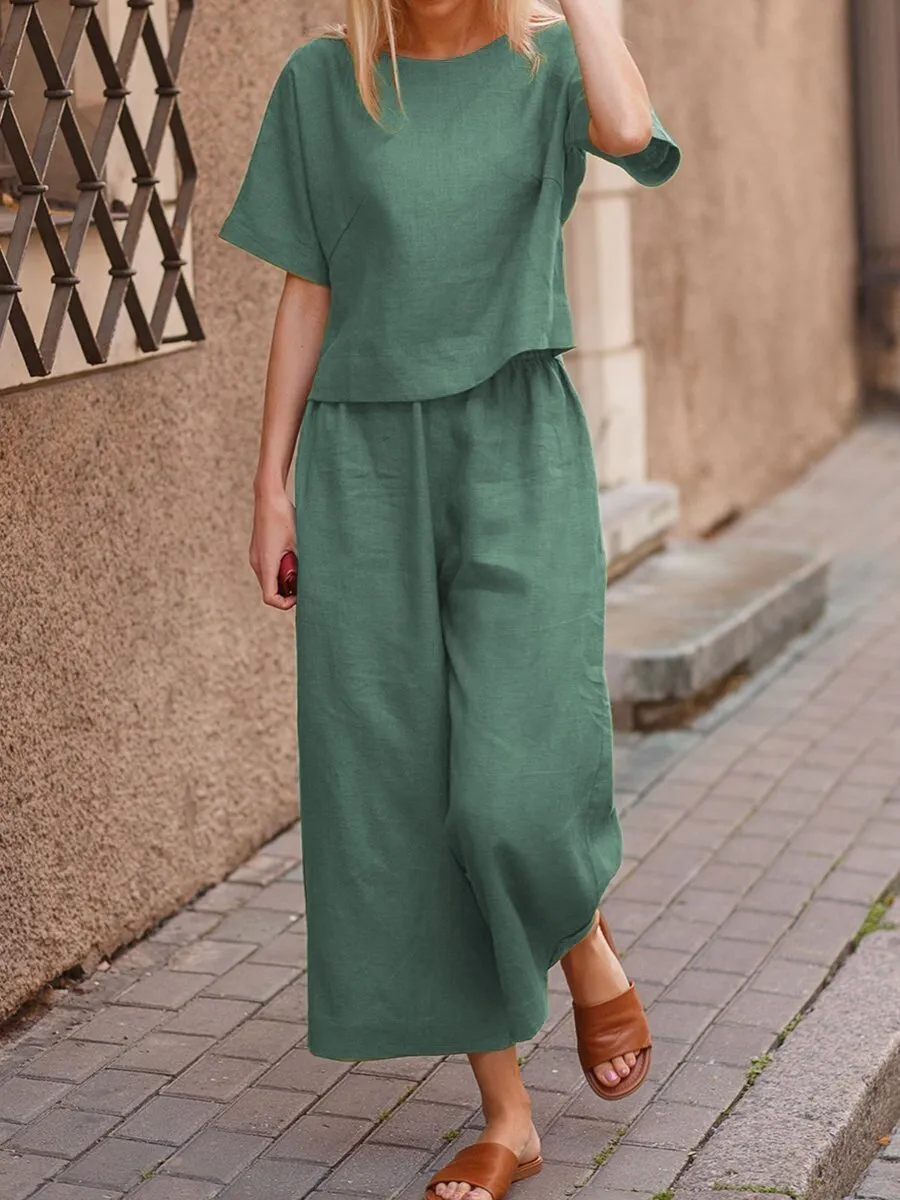 New linen casual loose solid color suit two-piece set