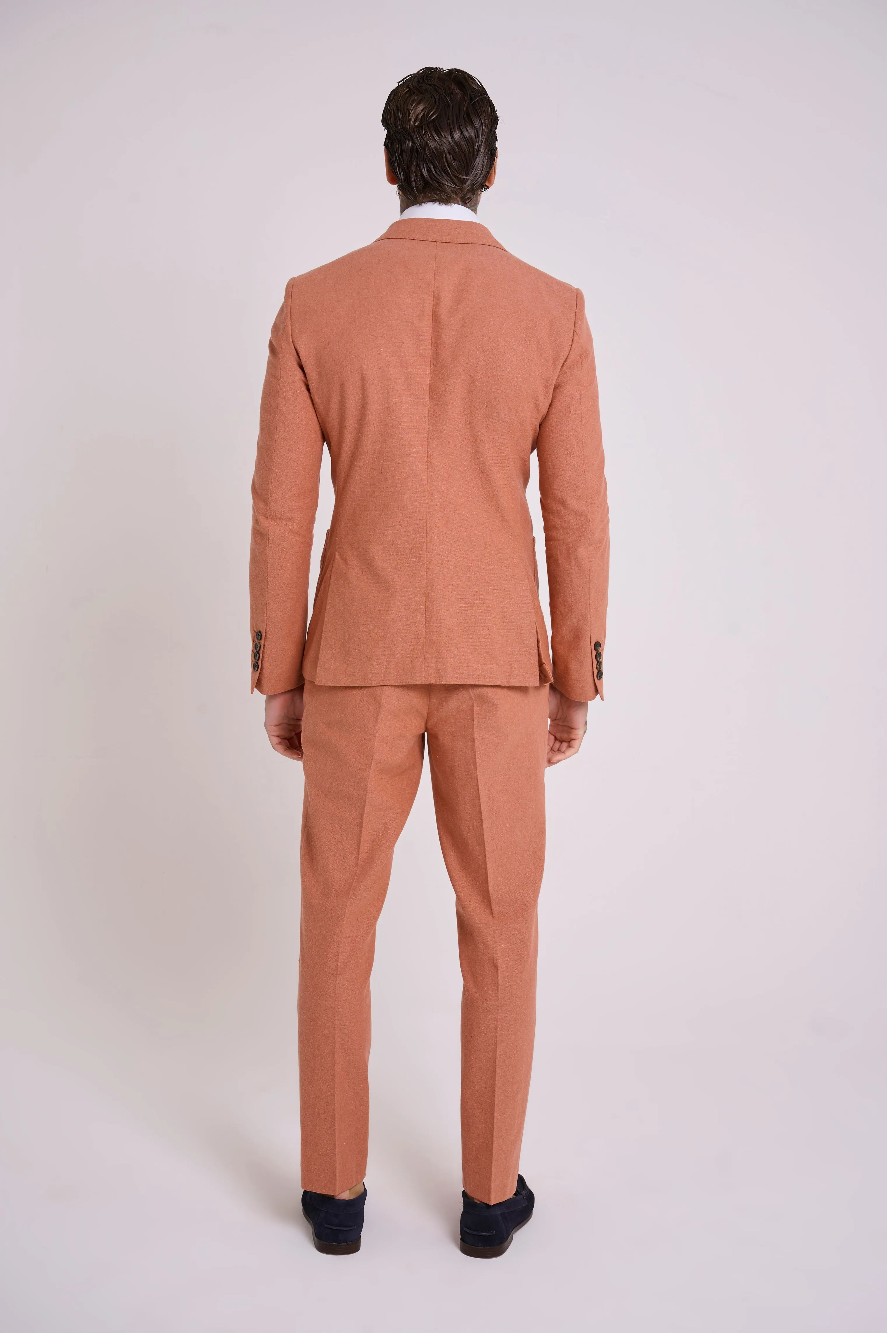 Oliver Slim Fit Linen Cotton Blend Suit Smart Trousers in Rust Red