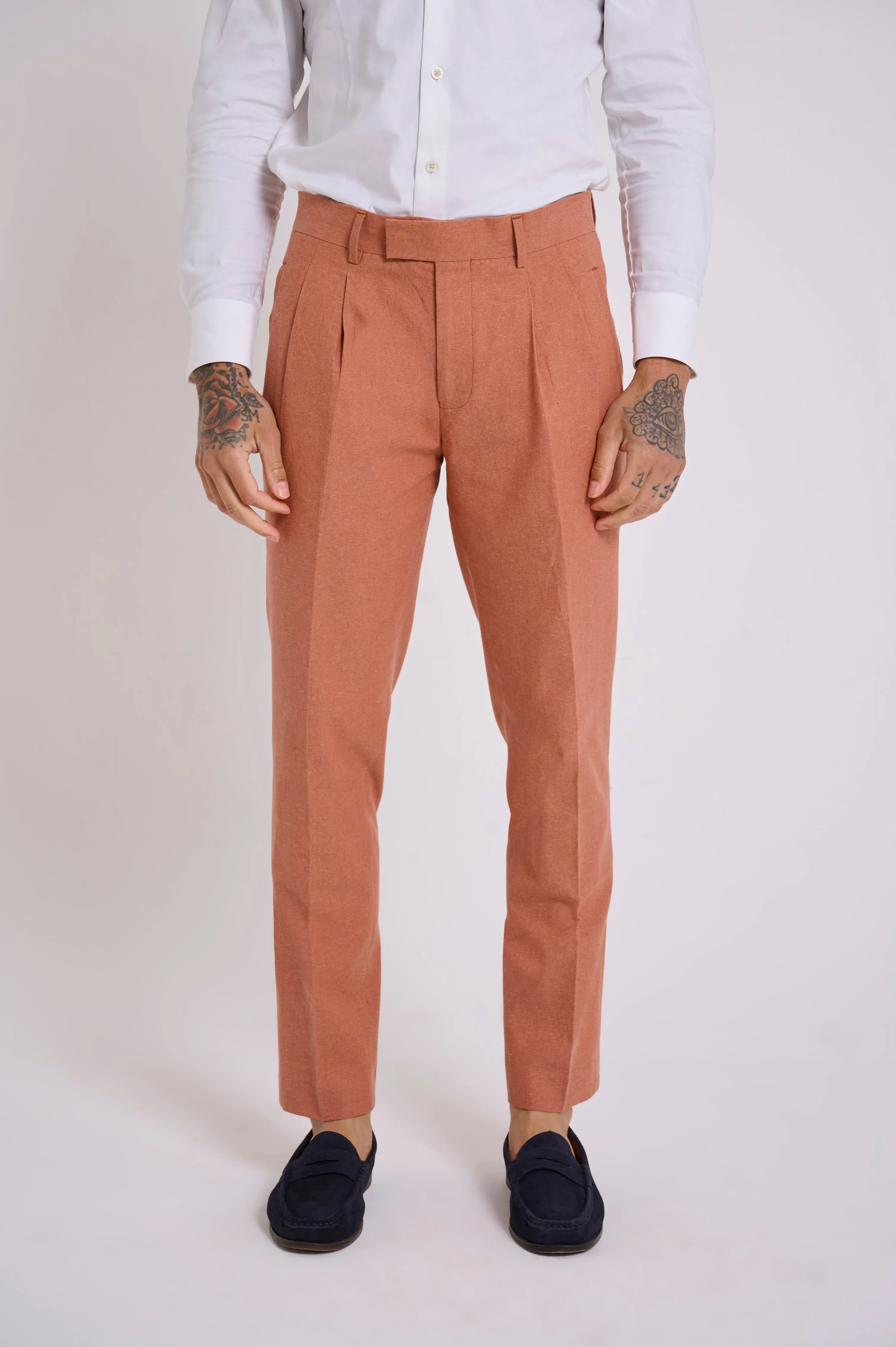 Oliver Slim Fit Linen Cotton Blend Suit Smart Trousers in Rust Red