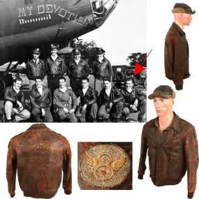 Original U.S. WWII B-17 My Devotion Painted A-2 Jacket and B-2 Hat Named to Waist Gunner Robert L. Allman - 8th Air Force, 388th Bombardment Group, 563rd Bomb Squadron