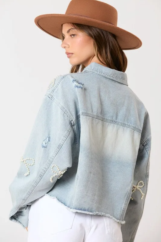 Pearl Bow Washed Denim Cropped Jacket