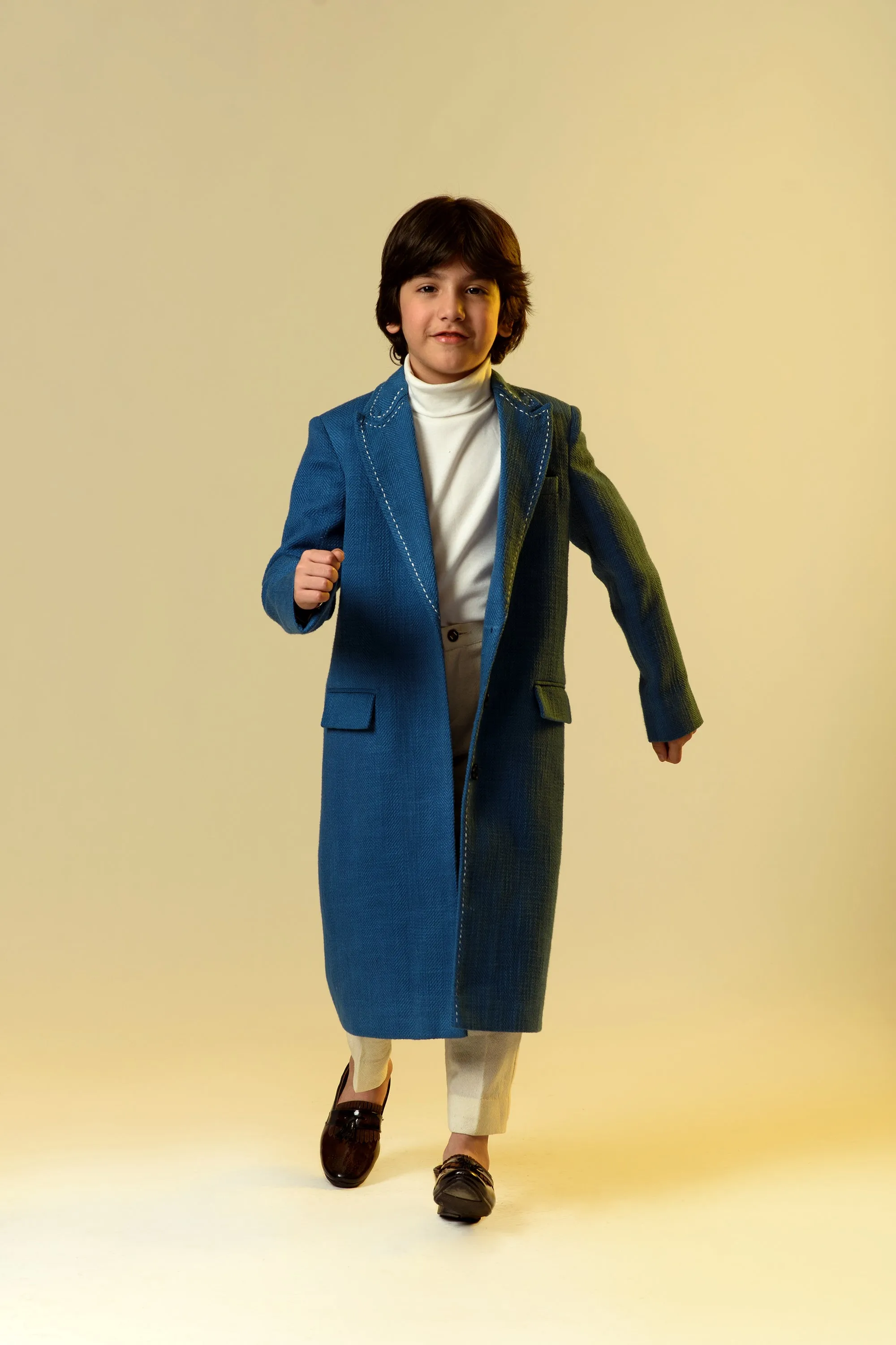 Piercing Blue- Cotton Slub Long Coat For Boys