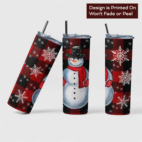 Plaid Snowman Tumbler for Men and Women, 20oz Skinny Christmas Tumbler