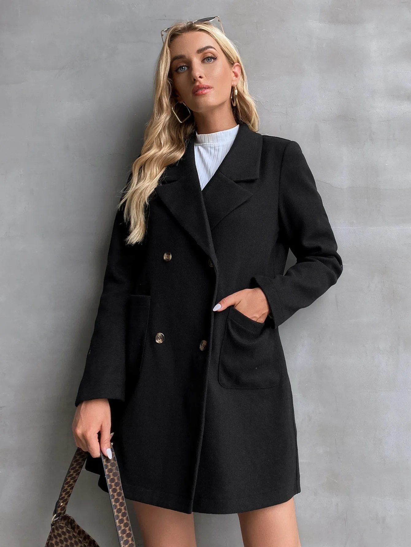 Plain Double Button Long Sleeve Lapel Short Women Overcoat