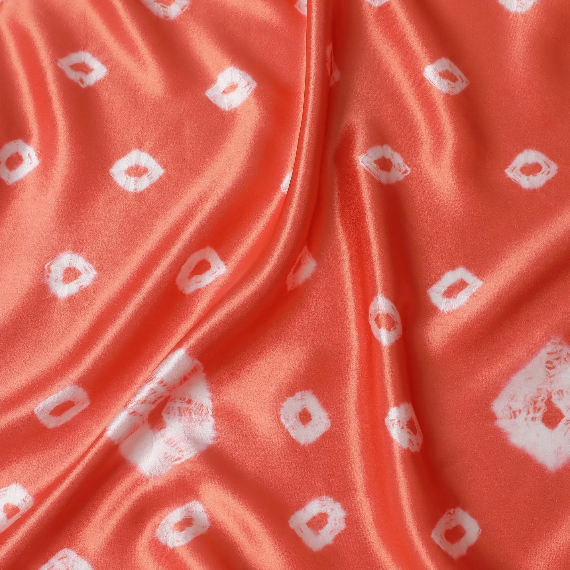 Pumpkin orange premium pure silk satin fabric with off white print in geometric design-D13258