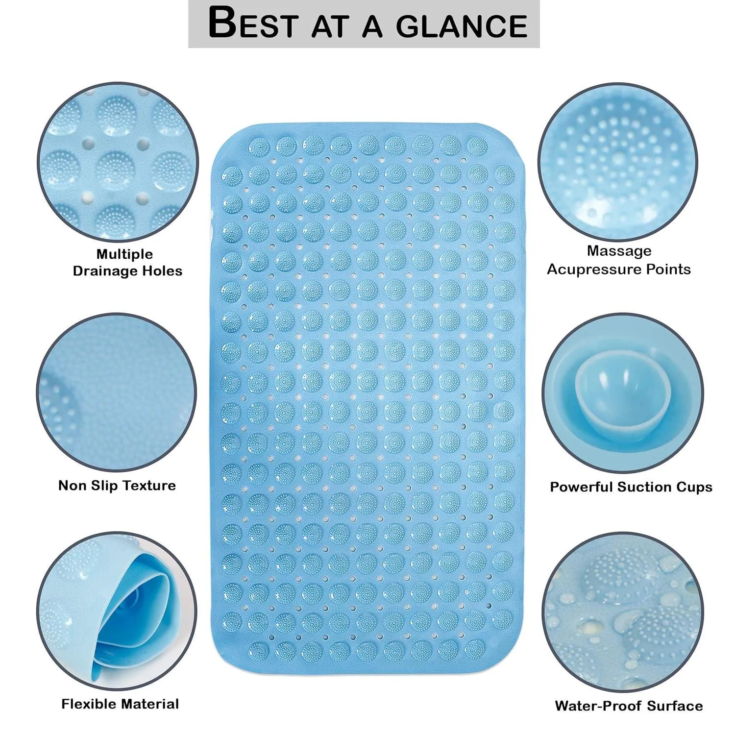 PVC Shower Mat Anti-Slip with Massage Acupressure Points, 46x78 cm, Blue