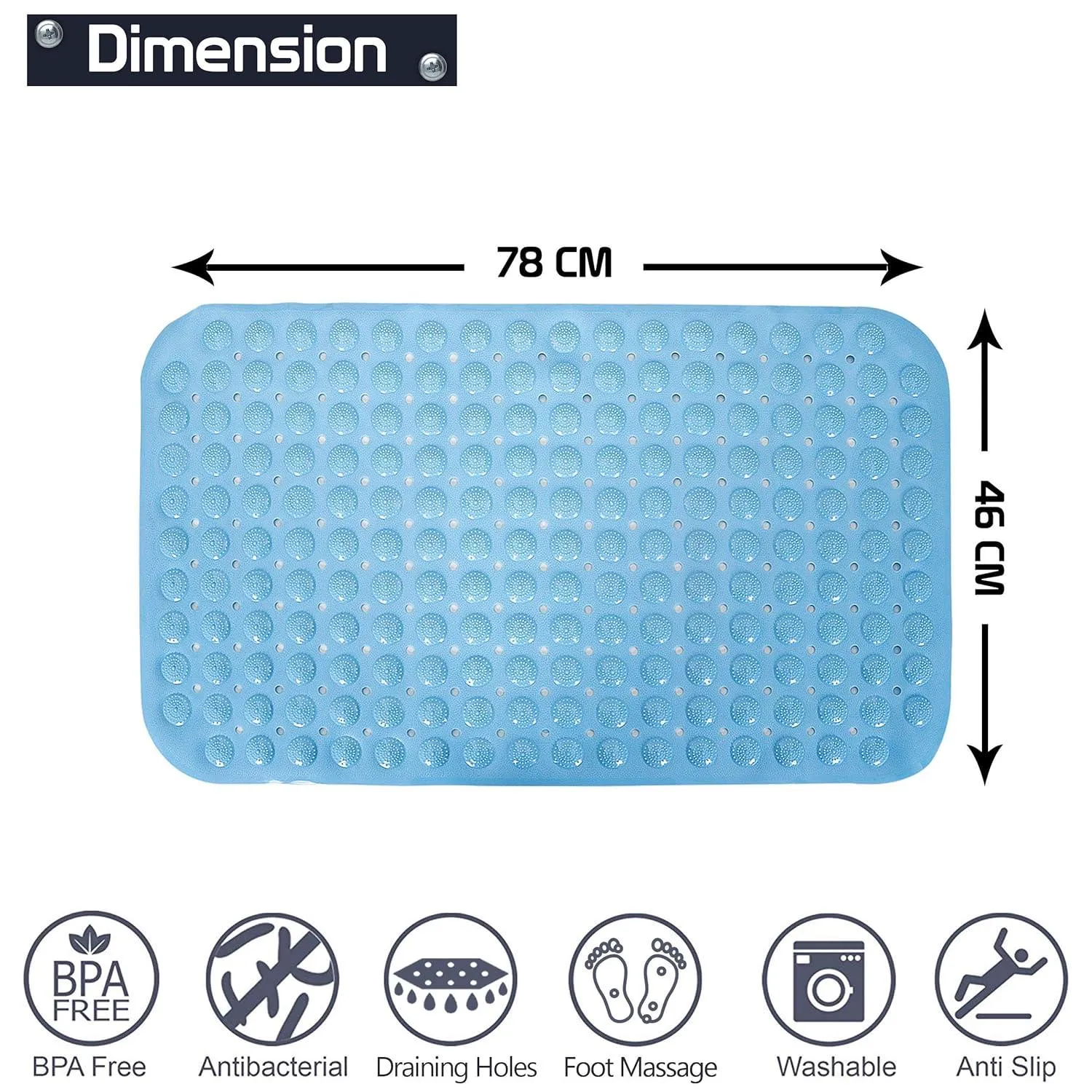 PVC Shower Mat Anti-Slip with Massage Acupressure Points, 46x78 cm, Blue