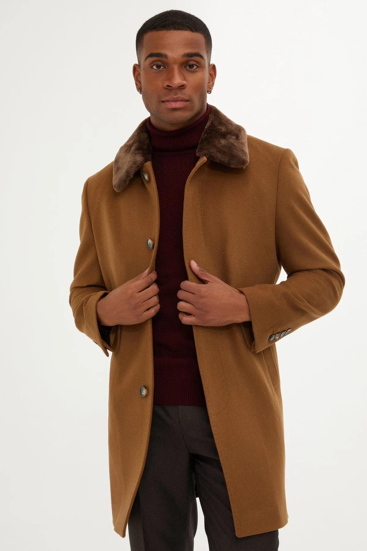 Regular Fit Cachet Flat Collar Wool Blend Camel Overcoat