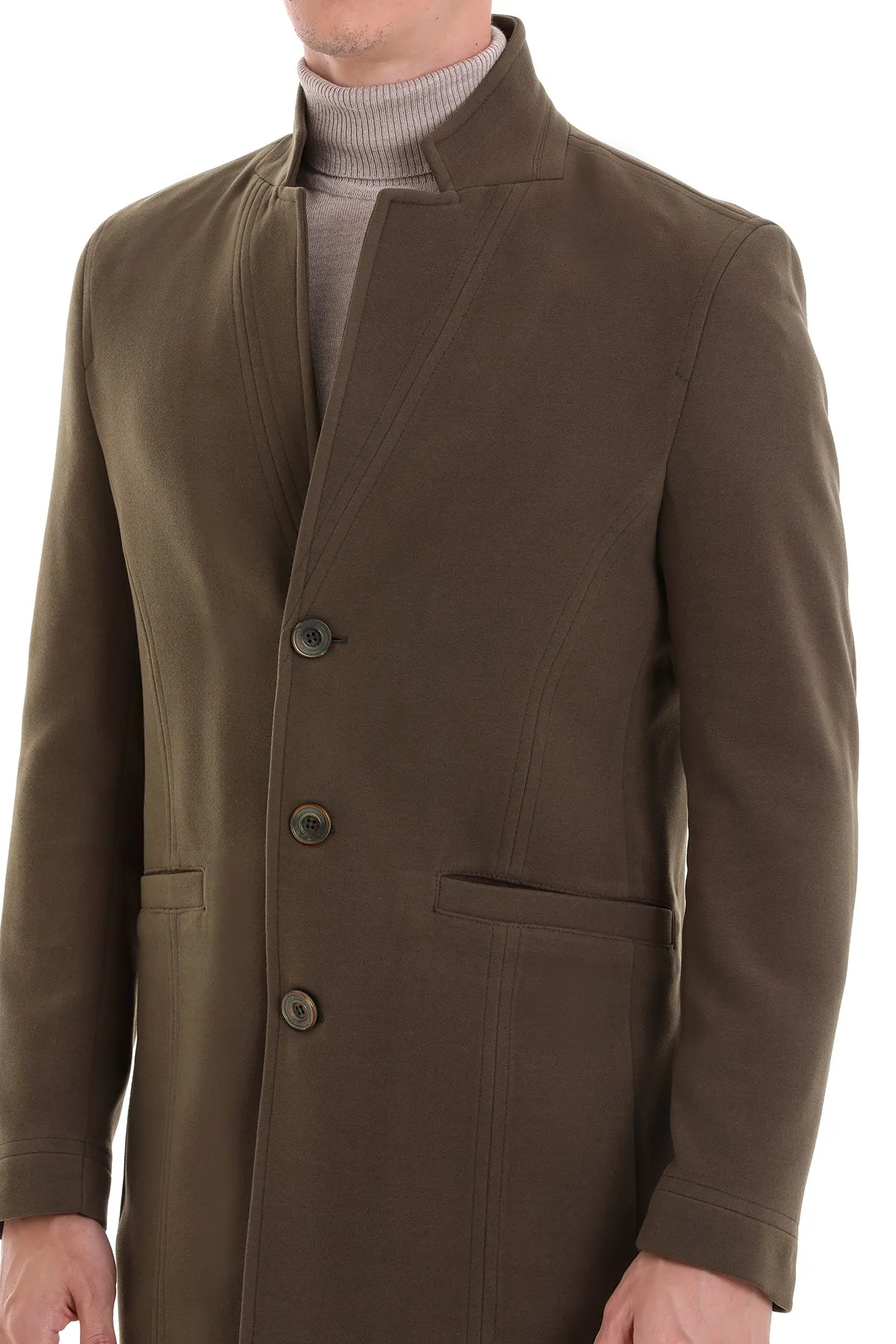 Regular Fit Cachet Notch Lapel Khaki Overcoat