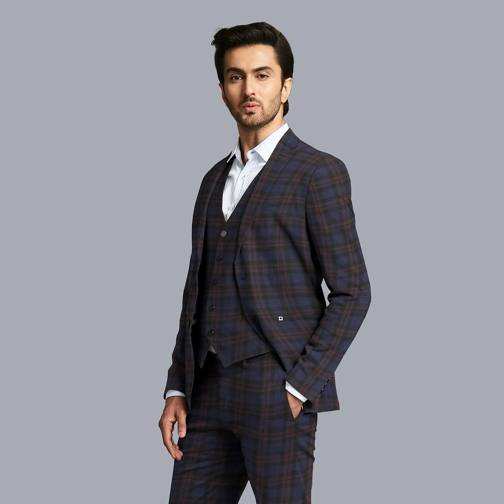 Royal blue Premium English Super 120's all wool suiting fabric with burgundy brown and black checks design-D11420