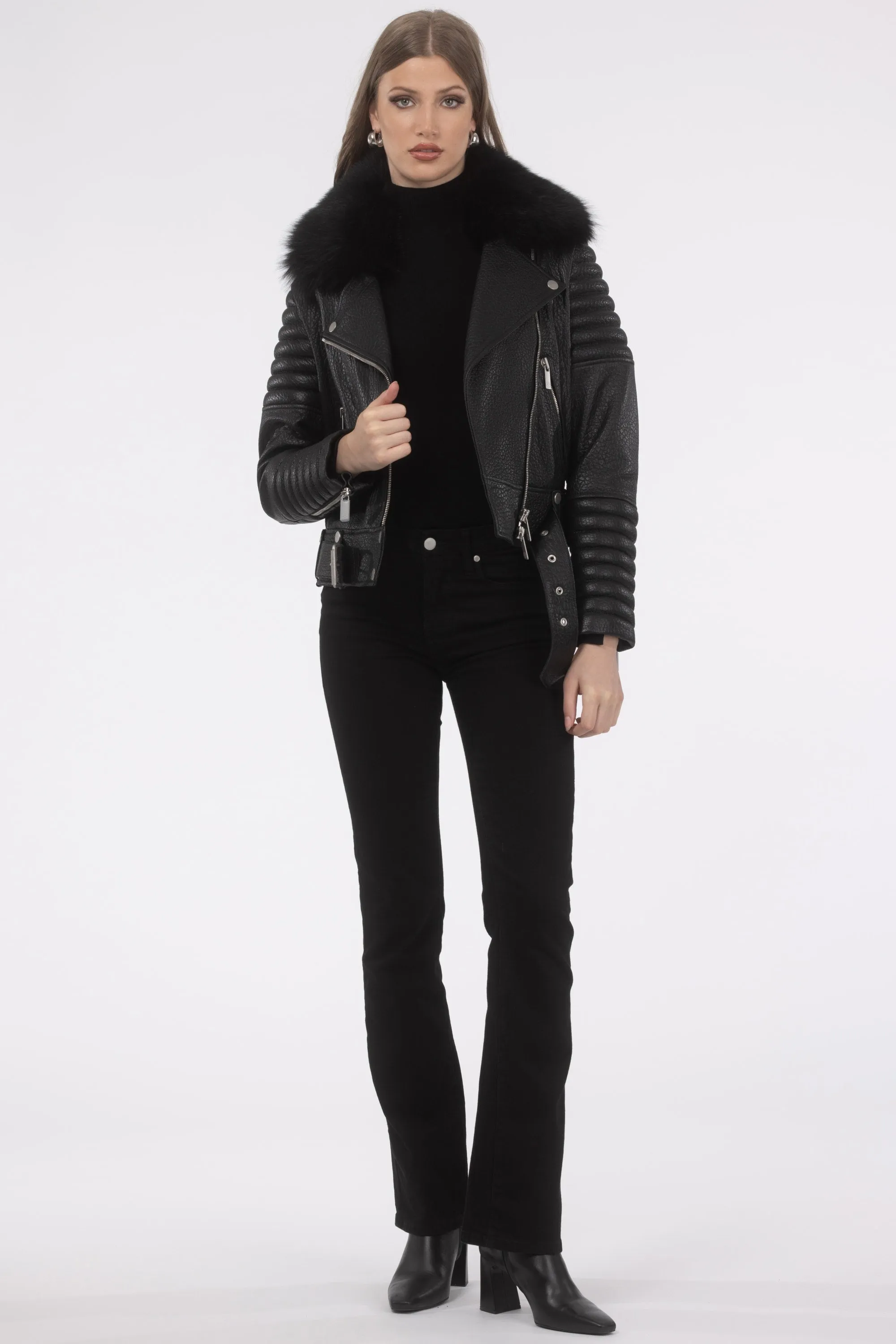 Select Lambskin Moto Zip Jacket with Detachable Toscana Shearling Lamb Collar