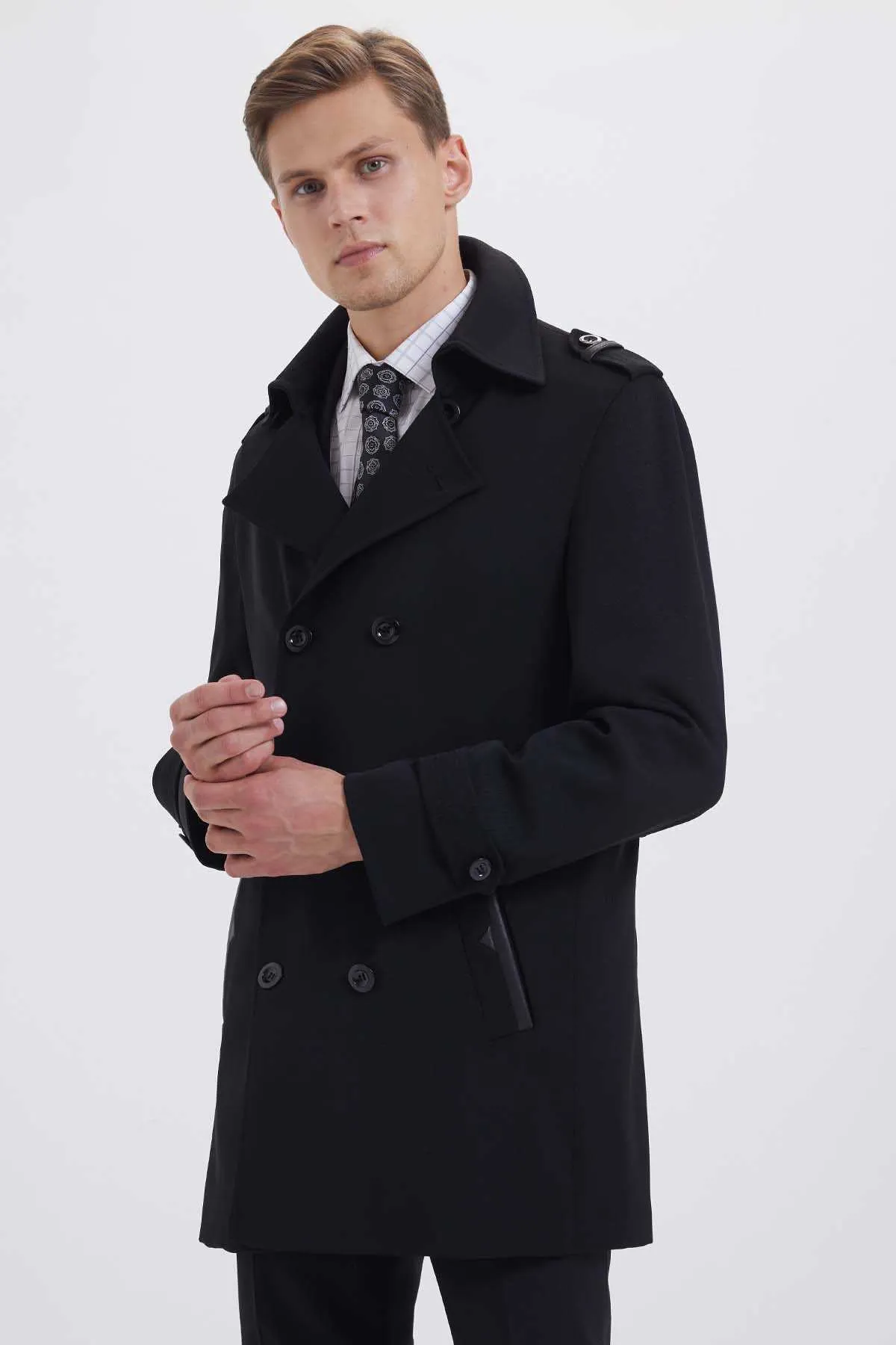 Slim Fit Double Breasted Wool Black Long Coat