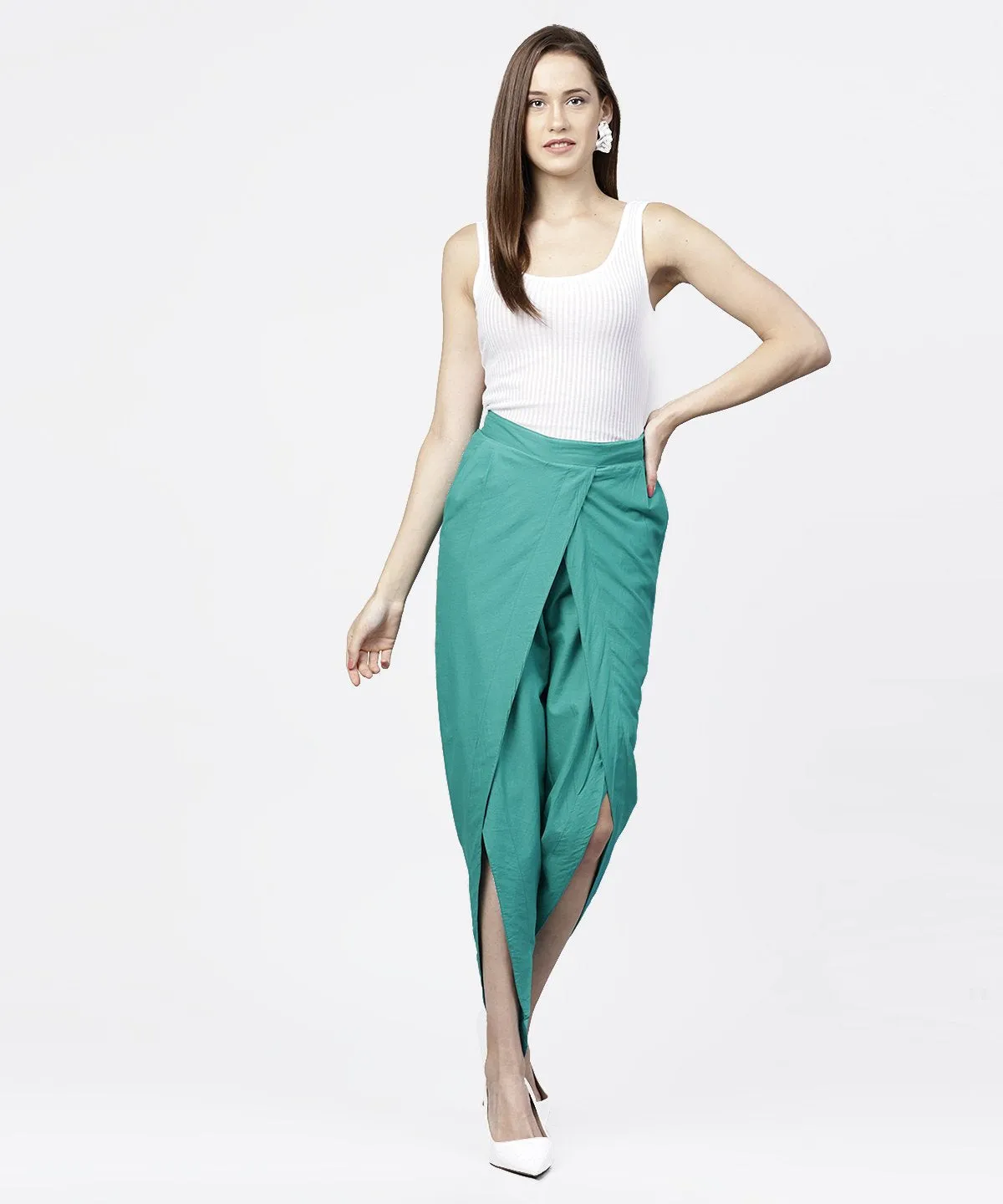 Solid Aqua  Ankle Length Cotton Tulip Pant