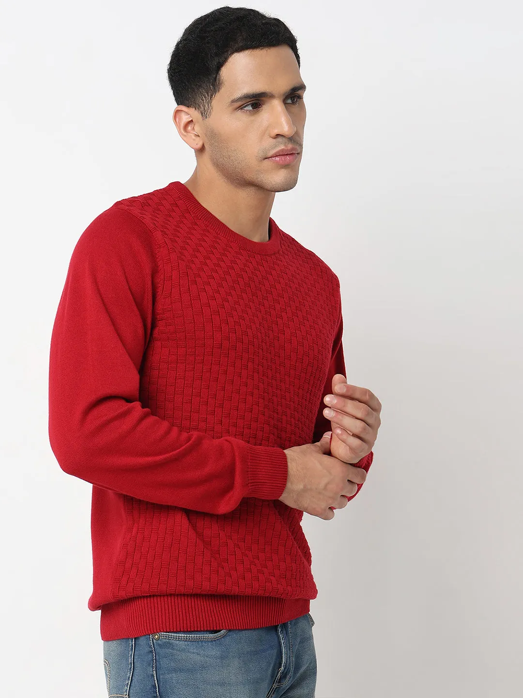 Spykar Geometric Self Design Cotton Pullover Sweater