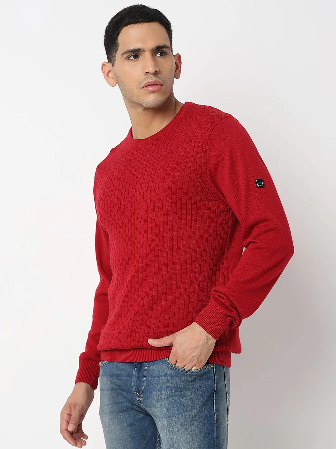 Spykar Geometric Self Design Cotton Pullover Sweater