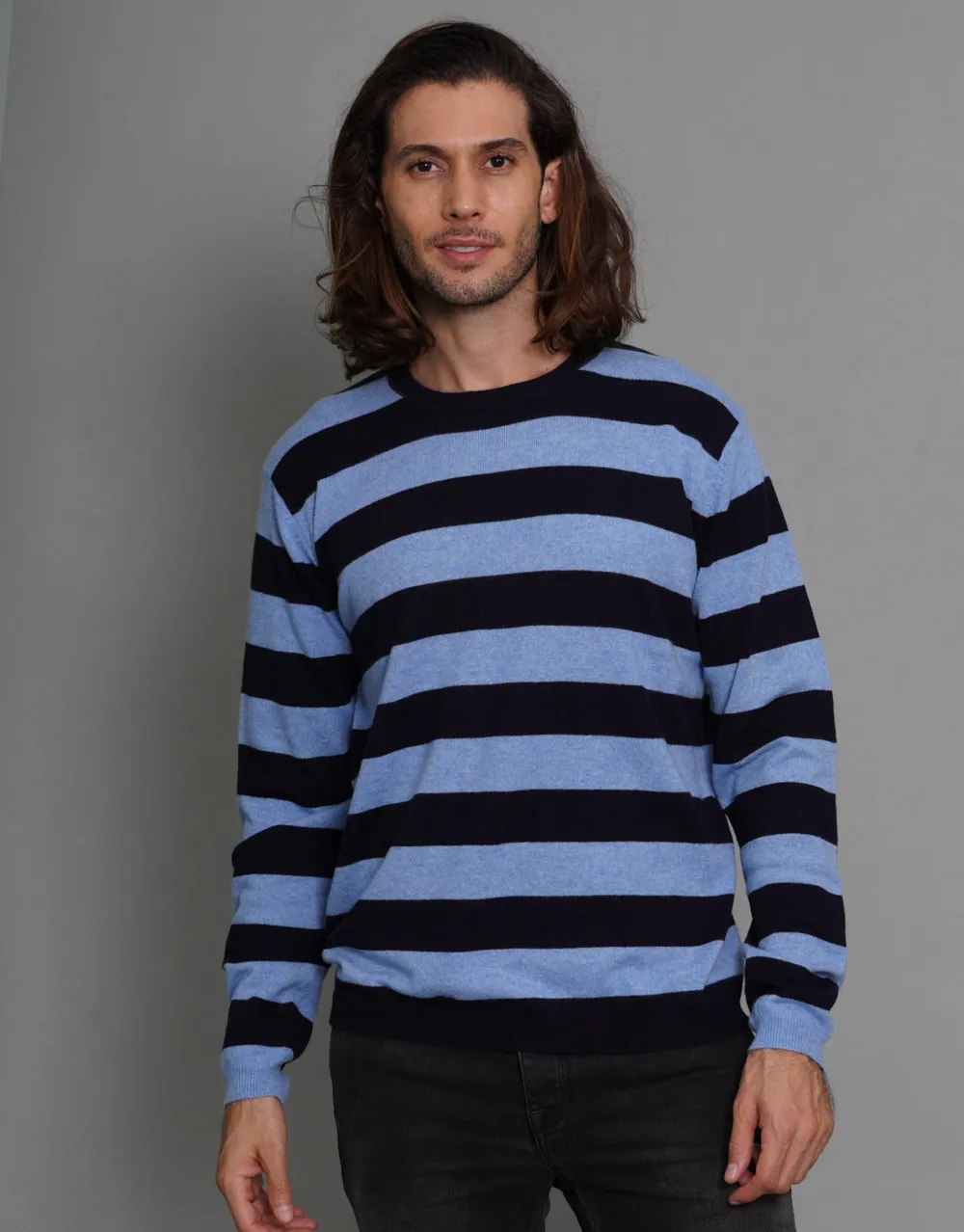 Stripey Men's Round Neck Pullover in Neronavy